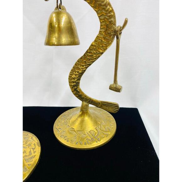 Pair of MCM Brass Dragon Candlesticks with Bell & Mallet: Asian Serpent Decor - Picture 6 of 9